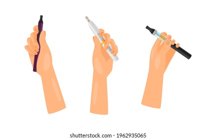 Hand with Electronic Cigarette Simulating Tobacco Smoking Vector Set