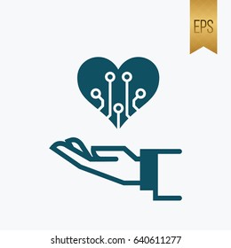 Hand and Electronic Heart Icon. Flat Vector Idea Symbol
