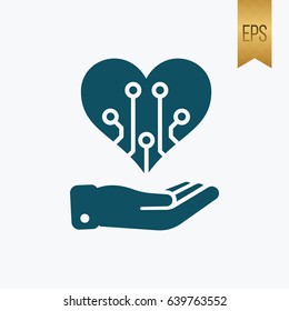 Hand and Electronic Heart Symbol Icon. Flat Isolated Vector Design