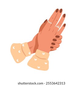 Hand with elegant manicure, polished nails. Beautiful groomed painted fingernails. Showing neat female fingers with rings, jewelry, varnish. Flat vector illustration isolated on white background