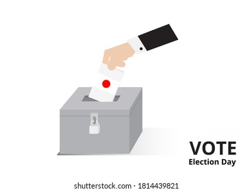 Hand of Eligible voter dropping ballots in the election box with Japan flag patterns vector and illustration