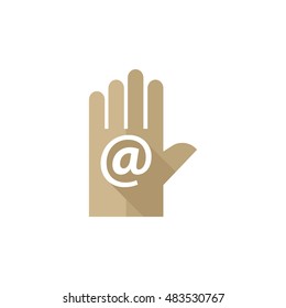 Hand with email icon in flat color style. Contact website communication
