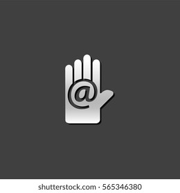 Hand with email icon in metallic grey color style. Contact website communication