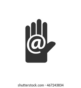 Hand with email icon in single grey color. Contact website communication