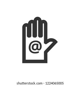 Hand with email icon in thick outline style. Black and white monochrome vector illustration.