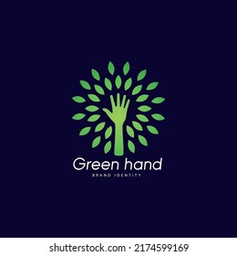 Hand emblem with leaves in the form of rays. Design element.