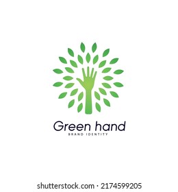 Hand emblem with leaves in the form of rays. Design element.