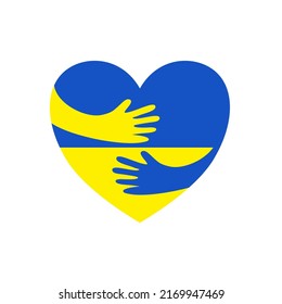 Hand embraces heart in Ukraine flag colors in pray for Ukraine concept illustration for banner, postcard, poster etc.