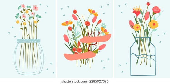 A hand embracing a bouquet of wildflowers, colorful chamomile, poppies, and green leaves, bouquet flowers in a glass vase. Bright cards Perfect for various celebrations.Vector illustration. 