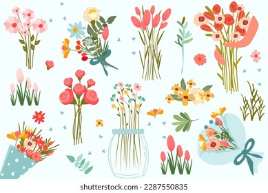 A hand embracing a bouquet of wildflowers, colorful chamomile, poppies, and green leaves, bouquet flowers in a glass vase. Bright cards Perfect for various celebrations.Vector illustration. 