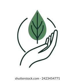 Hand embracing leaf icon isolated. Simplistic environmental emblem. Silhouette of nurturing hand with a stylized leaf. Hand protecting a leaf