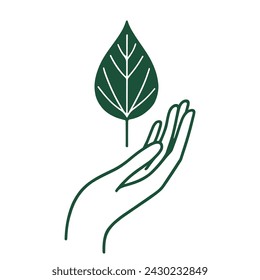 Hand embracing leaf icon isolated. Simplistic environmental emblem. Silhouette of nurturing hand with a stylized leaf. Hand protecting a leaf