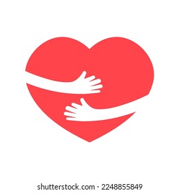 Hand embracing red heart with love. Arms wrapped around a heart. Love yourself and happy Valentine's day concept. vector