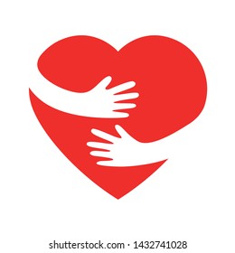 hand embracing red heartwith love vector illustrator, embracing love symbol 