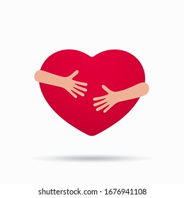 Hand embracing red heartwith love vector illustrator, embracing love symbol