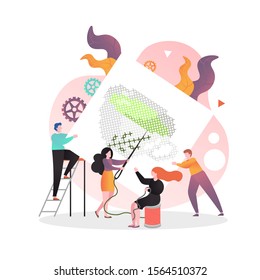Hand embroidery classes, embroidery workshop, studio, craft hobby vector concept with characters and tools for needlework.