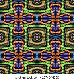 Hand embroidery designs with geometric ornament. Pattern for surface design, textiles, printing, wallpaper.
