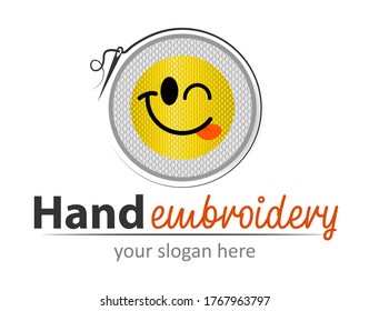 Hand Embroidery modern funny logo. Vector fancywork logo design template. Embroidery hoop with a needle. Design for print, emblem, t-shirt, party decoration, sticker, logotype.