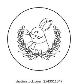 Hand embroidery pattern for a round hoop. 
Embroidery sticker paper, christmas craft gift with a cute rabbit hare bunny in a christmas wreath. Christmas ornament, holiday DIY, winter wreath.