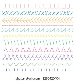Hand embroidery stitches. Set of embroidery borders. Vector illustration.