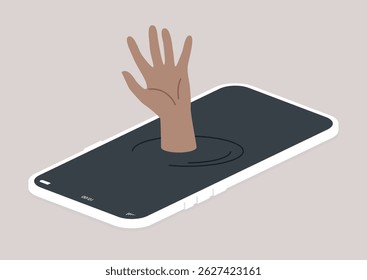 Uma mão emerge dramaticamente da superfície de um smartphone, criando uma metáfora visual assustadora para a interação digital e a obsessão pela comunicação moderna