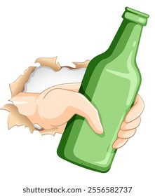 A hand emerges holding a green bottle