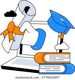 A hand emerges from a laptop screen holding a diploma scroll next to a graduation cap and books. This graphic represents digital learning achievements and successful completion of remote programs.