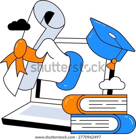 A hand emerges from a laptop screen holding a diploma scroll next to a graduation cap and books. This graphic represents digital learning achievements and successful completion of remote programs.