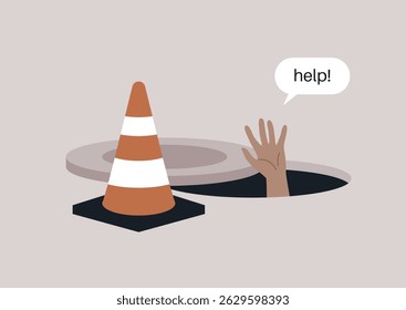 Uma mão emerge de uma escotilha de esgoto, buscando desesperadamente assistência, Um cone de precaução brilhante está nas proximidades, enfatizando a urgência da situação em um ambiente urbano movimentado