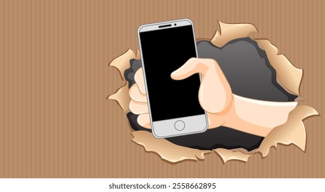 A hand emerges through torn paper holding a phone