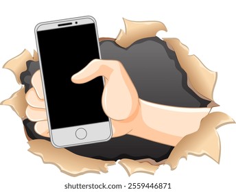 A hand emerges through torn paper holding a phone