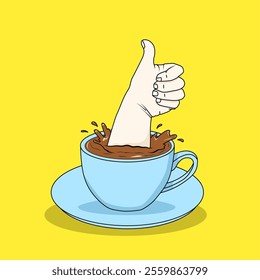 hand emerging from a cup of coffee with a thumbs up pose cartoon icon illustration. food and drink concept icon isolated with flat cartoon style