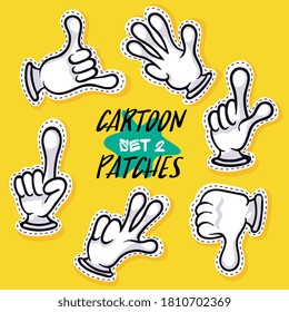 Emoji mano. Parche de caricatura, pegatina, insignia, conjunto de bordados. La mano humana vectorial gesta shaka, no me gusta, contando de uno a cuatro. Brazo en la imagen de la señal de comunicación del guante blanco