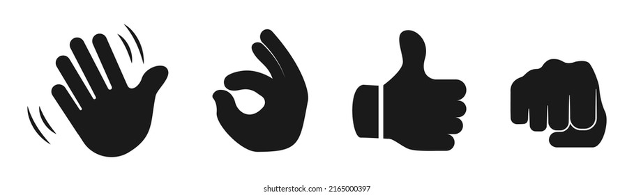 Hand emoji gesture. Waving hand. Thumb up and ok gesture. Hand emoji icon in black. Oncoming fist symbol. Hand gesture icon set. Stock vector illustration.