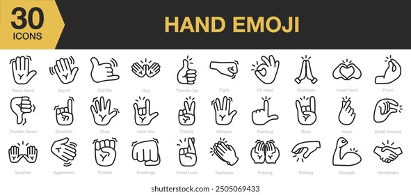 Hand Emoji Icon Set. Beinhaltet Stopp, Kampf, Beten, Hoffnung, Umarmung und mehr. Gliederungssymbole, Vektorsammlung.