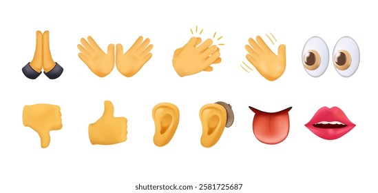 Hand emojis 3D icons set, gestures, stickers, emoticons 3D style illustration symbols set, collection. Hands, hello, hi, thumb up for like, thumb down for dislike, finger, ear, direction, fingers