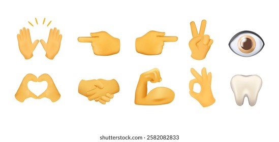 Hand emojis 3D icons set, gestures, stickers, emoticons 3D style illustration symbols set, collection. Hands, hello, muscle, ok or good done, handshake for partnership, eye, tooth, fingers pointer