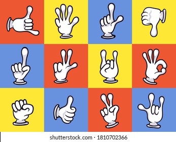 Hand emoticon. Comic doodle hand gesture emoticon on color square background. Body sign language communication and signal illustration. White glove funny emoji symbol cartoon vector set