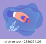 Hand of employee holding bottle of black pepper to sprinkle food. Person seasoning, adding spice flat vector illustration. Cooking, office lunch concept for banner, website design or landing web page