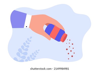 Hand Of Employee Holding Bottle Of Black Pepper To Sprinkle Food. Person Seasoning, Adding Spice Flat Vector Illustration. Cooking, Office Lunch Concept For Banner, Website Design Or Landing Web Page