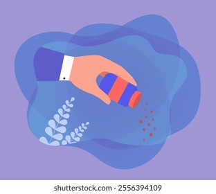 Hand of employee holding bottle of black pepper to sprinkle food. Person seasoning, adding spice flat vector illustration. Cooking, office lunch concept for banner, website design or landing web page