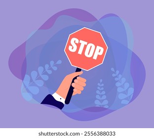 Hand of employee holding red stop road sign. Protest and fight by business person on picket flat vector illustration. Revolution, conflict concept for banner, website design or landing web page