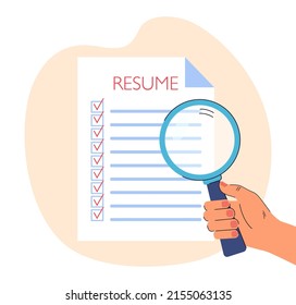 Hand of employer analyzing resume of candidate with magnifier. Document with checked checkboxes flat vector illustration. Job search, recruitment, HR concept for banner, website design or landing page