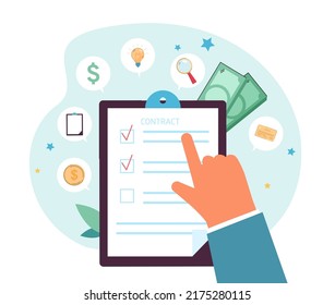 Hand of employer or employee and contract with checkboxes. Person signing agreement or checking requirements for job flat vector illustration. Job search, human resources, career concept for banner