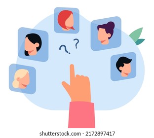 Hand of employer or manager choosing candidate for vacancy. Person hiring new workers, faces of people flat vector illustration. Choice, human resources concept for banner or landing web page