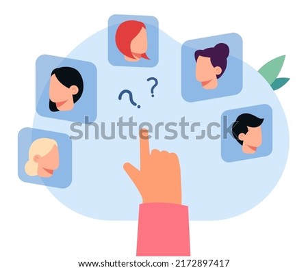 Hand of employer or manager choosing candidate for vacancy. Person hiring new workers, faces of people flat vector illustration. Choice, human resources concept for banner or landing web page