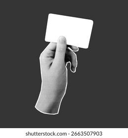 Hand with empty paper, halftone collage of fingers and blank card in retro colors. Paper cut shapes and bold textures, pop art inspired layout.