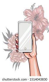 hand with empty phone and flower background