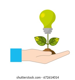 hand with energy bulb plant with leaves and ground