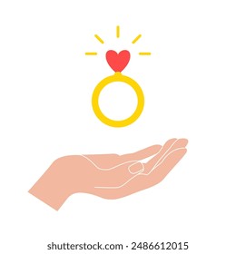 Una mano y un anillo de compromiso con una piedra brillante en forma de corazón. Concepto de propuesta, matrimonio, boda, amor. Ilustración en estilo de dibujos animados